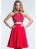 Red Chiffon Beaded Halter Open Back Two Piece Knee Length Prom Dress